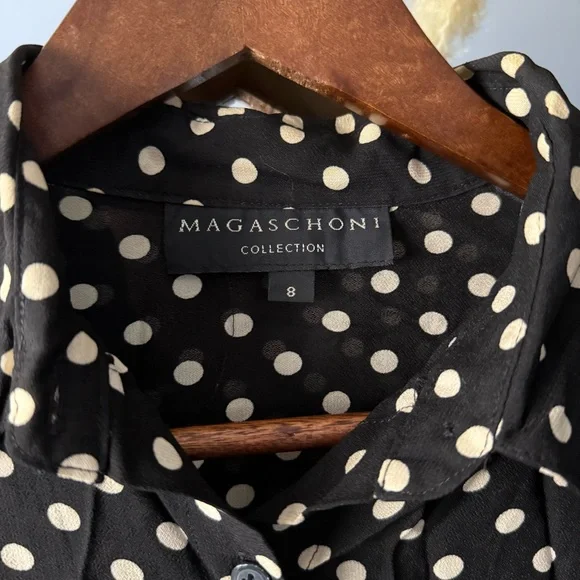 Magaschoni Black and Tan Polka Dot Button Up Long Sleeve Lightweight Blouse - Picture 2 of 8